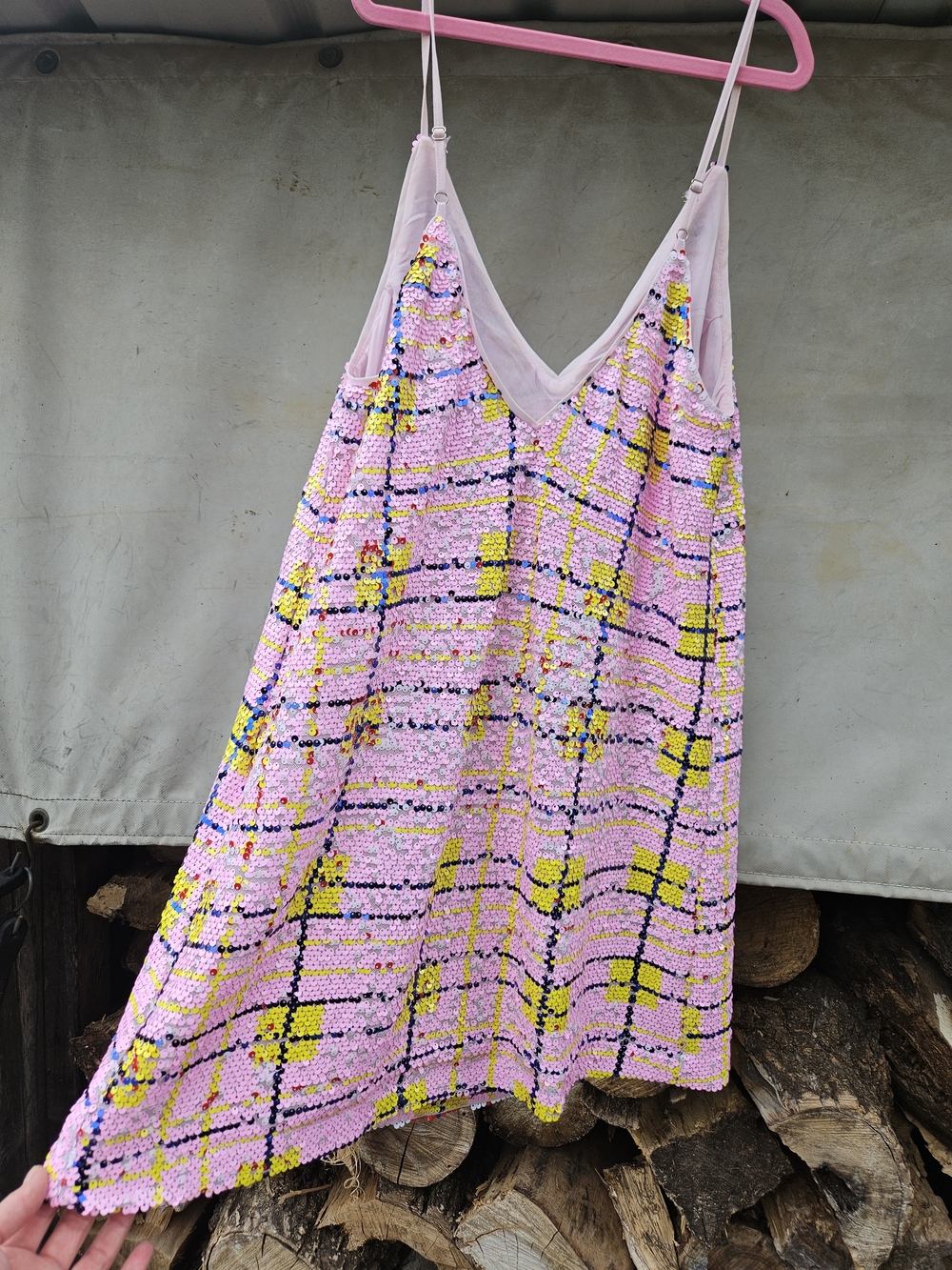 Pink Sequined Slip Dress with Yellow Check Detail By Buddy Love ❤️ Medium - Picture 5 of 9
